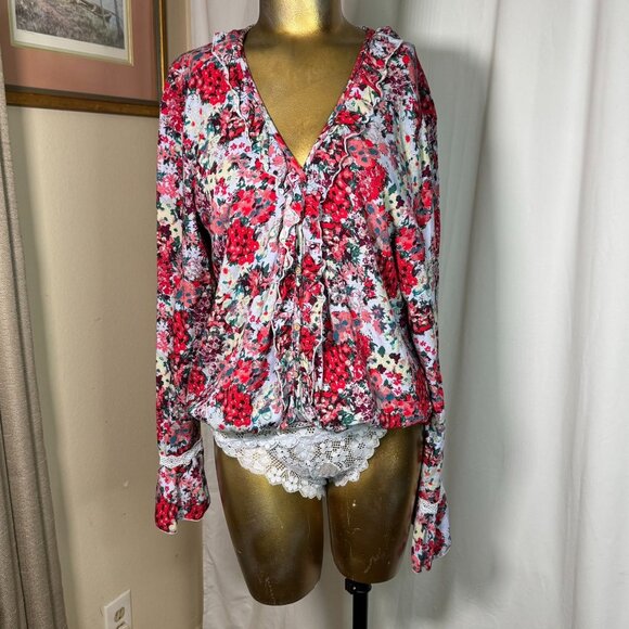 Free People Tops - Free People Women's Heat Wave Thong Bodysuit Size Medium Floral Ruffle Blue Red